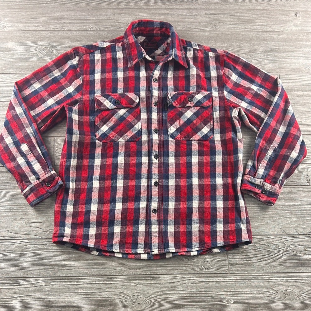 FiveBrother Mens Red White Blue Plaid Flannel Button Up Shirt Size L 100% Cotton